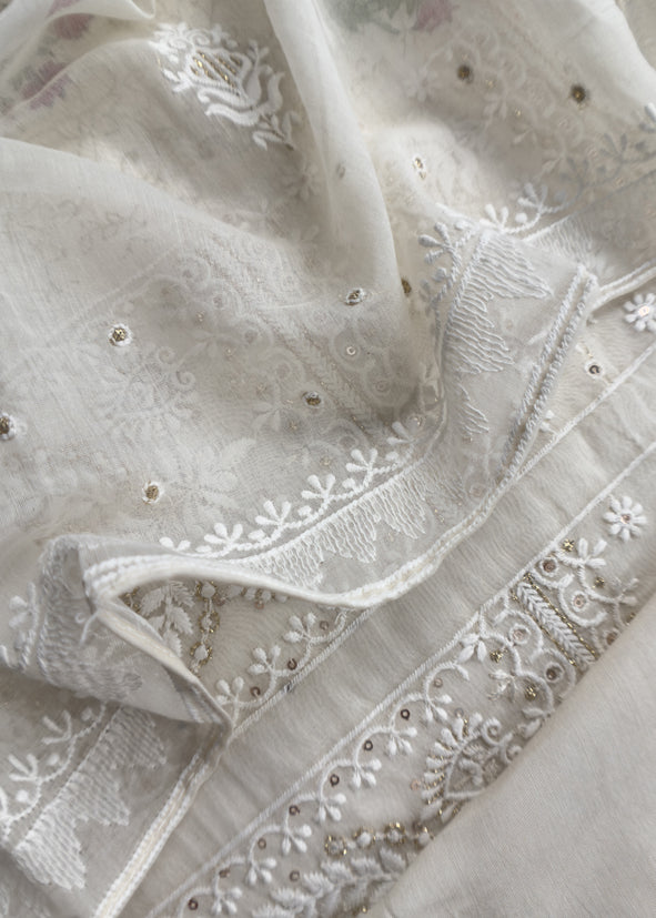 White With Pink Pure Mul Handblock Print Suit With Chikan Embroidery