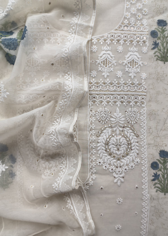White With Blue Pure Mul Handblock Print Suit With Chikan Embroidery