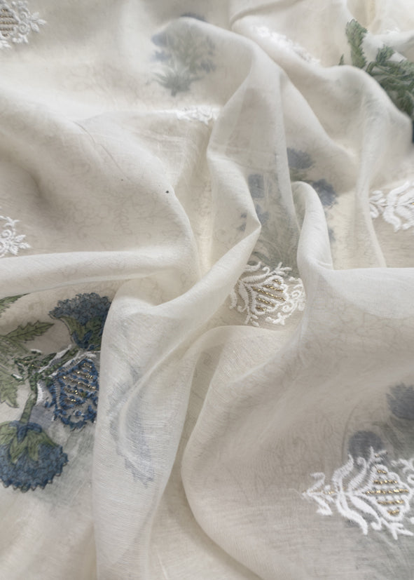 White With Blue Pure Mul Handblock Print Suit With Chikan Embroidery