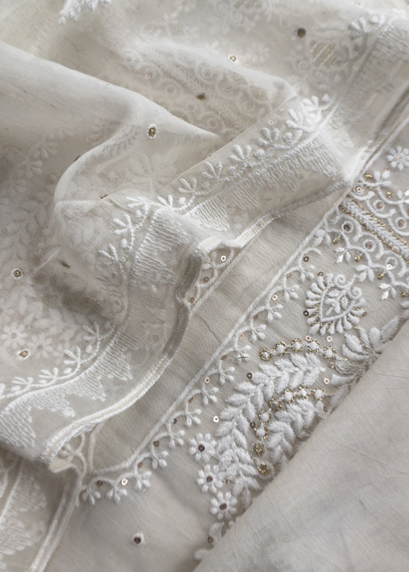 White With Yellow Pure Mul Handblock Print Suit With Chikan Embroidery