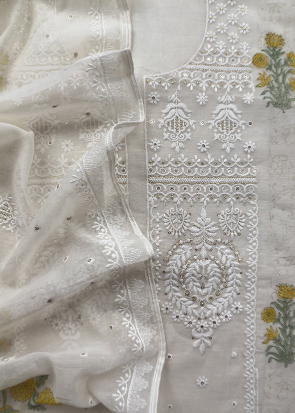 White With Yellow Pure Mul Handblock Print Suit With Chikan Embroidery