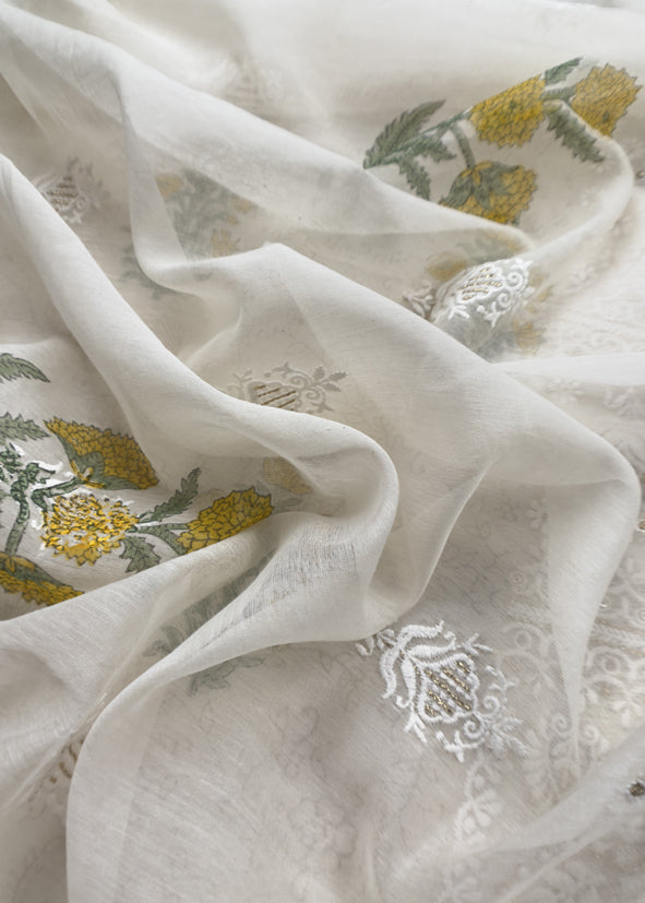 White With Yellow Pure Mul Handblock Print Suit With Chikan Embroidery