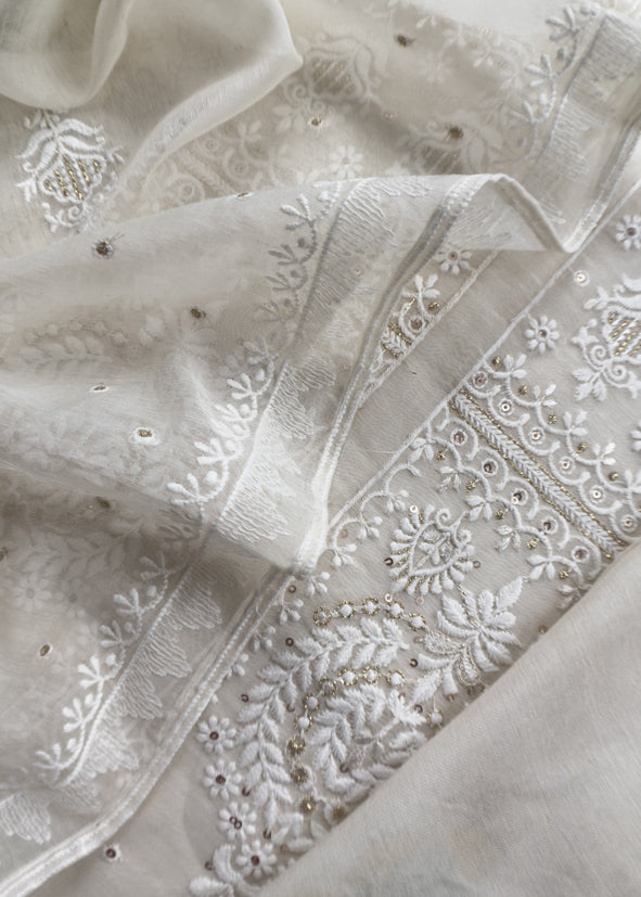 White With Blue Pure Mul Handblock Print Suit With Chikan Embroidery