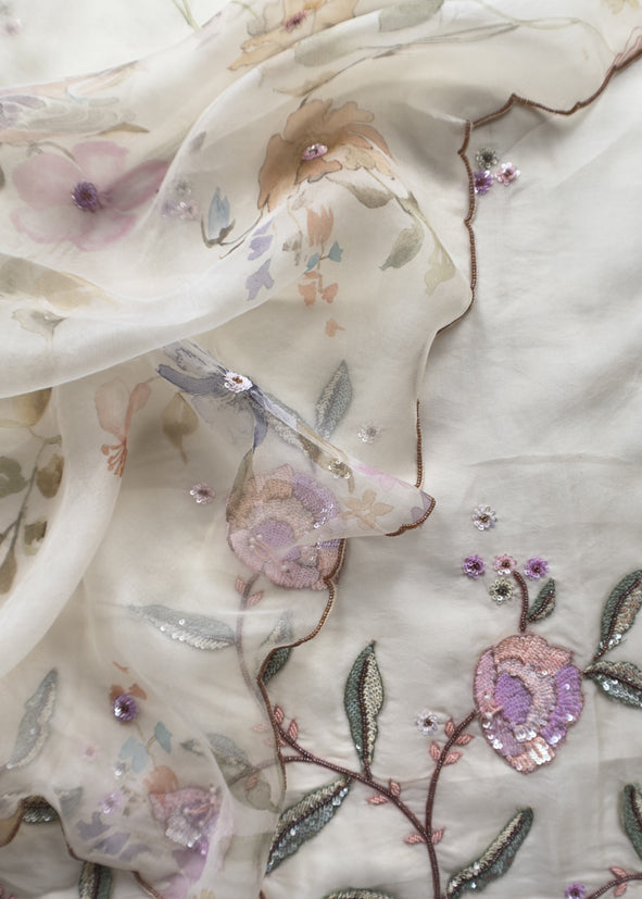 Petal And Poise Dove White Pure Organza Suit With Sequin And Appliqué Handwork