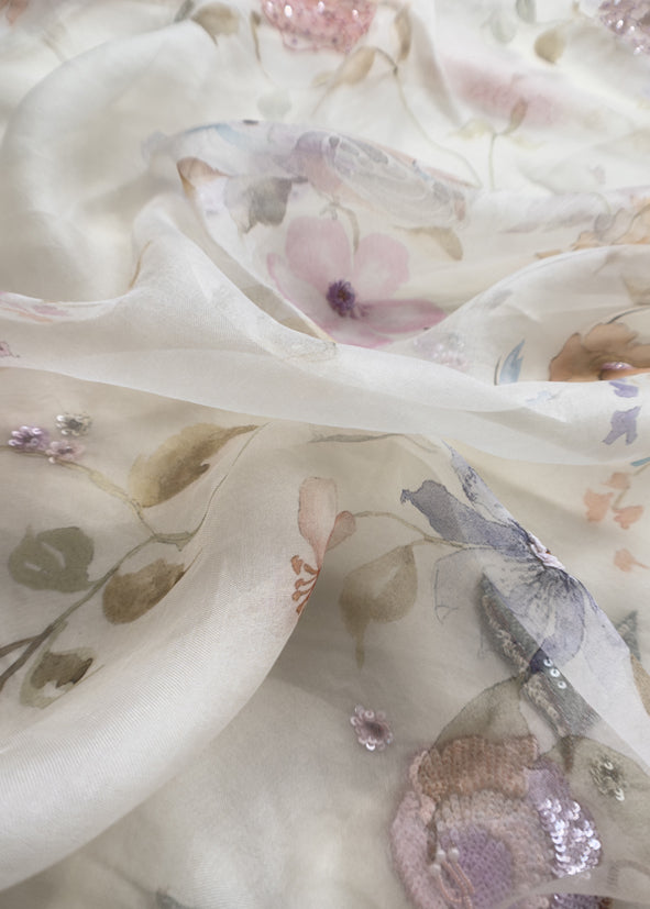 Petal And Poise Dove White Pure Organza Suit With Sequin And Appliqué Handwork