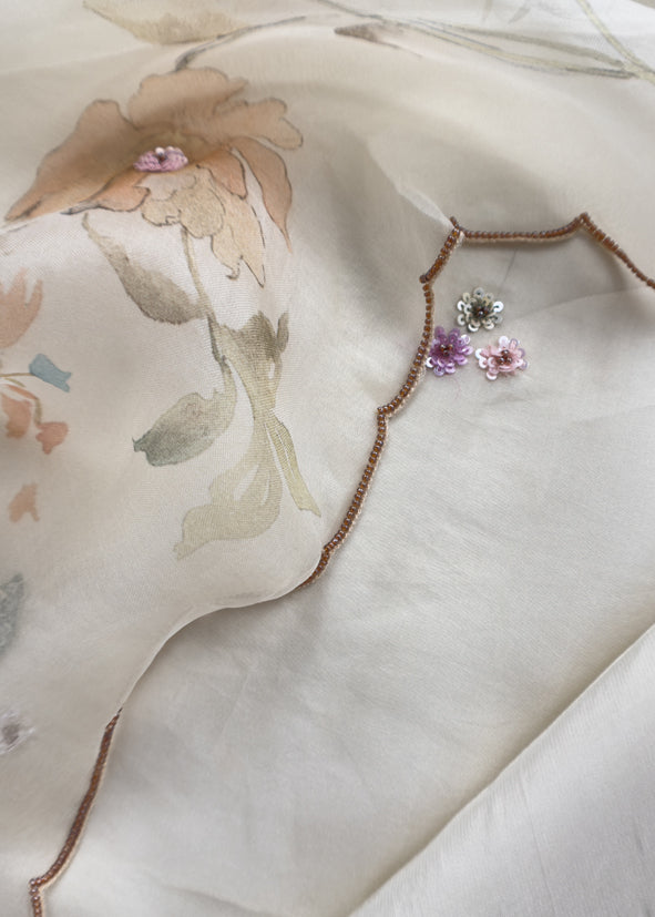 Petal And Poise Dove White Pure Organza Suit With Sequin And Appliqué Handwork