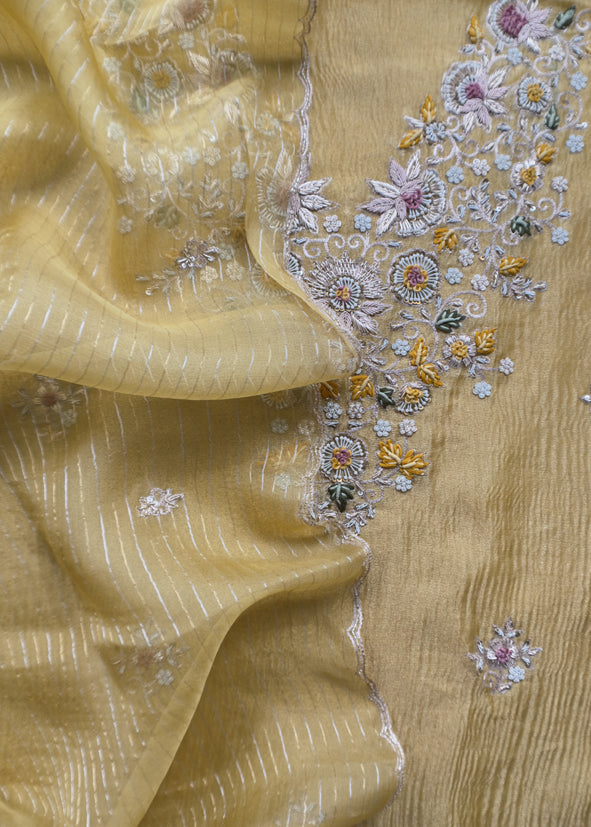 Kalasheel Luxe Honey Yellow Pure Crushed Tissue Kurta And Organza Dupatta With Zardosi And Dabka Handwork