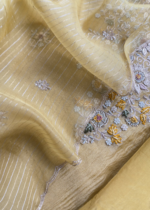 Kalasheel Luxe Honey Yellow Pure Crushed Tissue Kurta And Organza Dupatta With Zardosi And Dabka Handwork