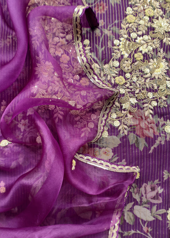 Kalasheel Luxe Deep Violet Pure Organza Suit With Zardosi And Dabka Handwork