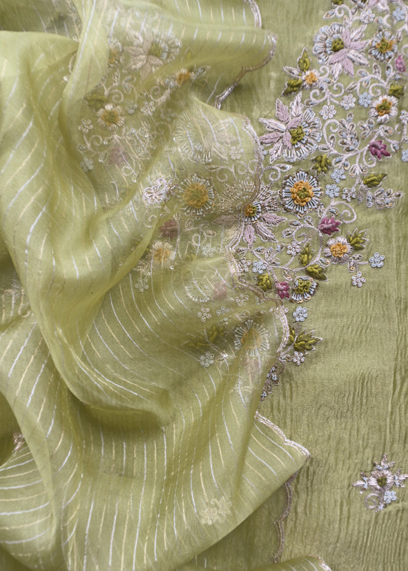 Kalasheel Luxe Green Pure Crushed Tissue Kurta And Organza Dupatta With Zardosi And Dabka Handwork