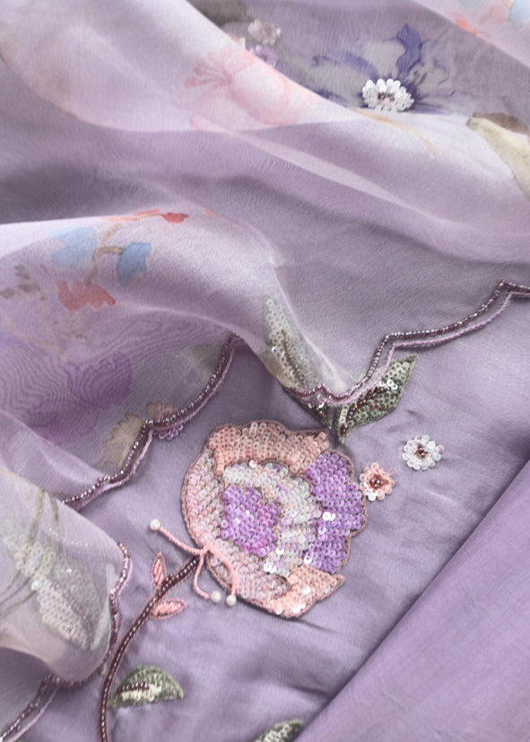 Petal and Poise Lavender Pure Organza Suit with Sequin and Appliqué Handwork