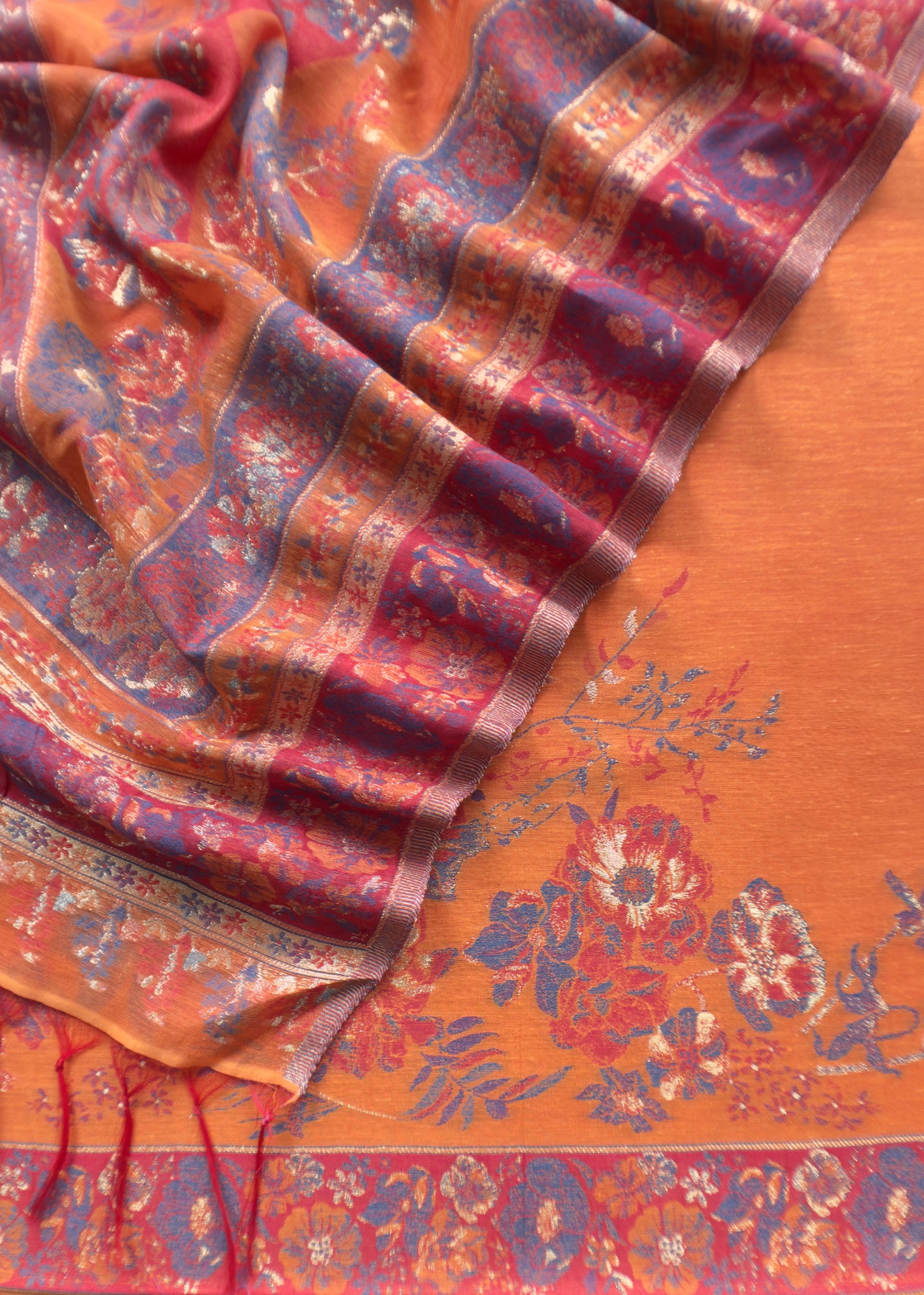 Orange Kani Zari Silk Unstitched Suit Set