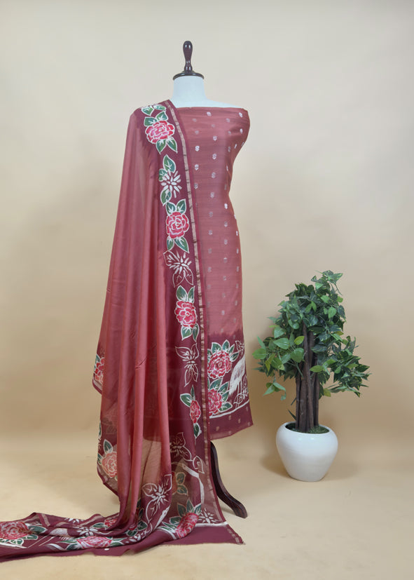 Blue Handpainted Hans and flowers Maheshwari Silk Suit With Banarasi Bootis