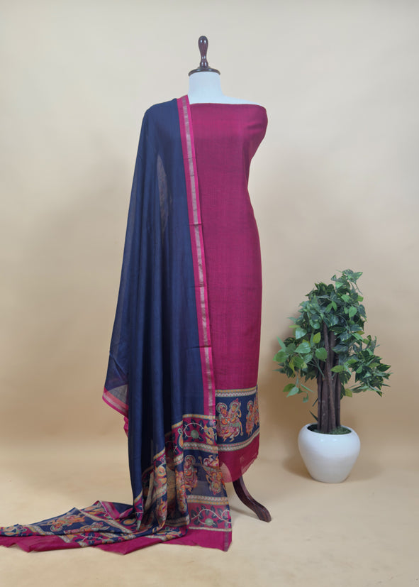 Pine Green Pure Maheshwari Silk Natraj Kalamkari Unstitched Suit Fabric