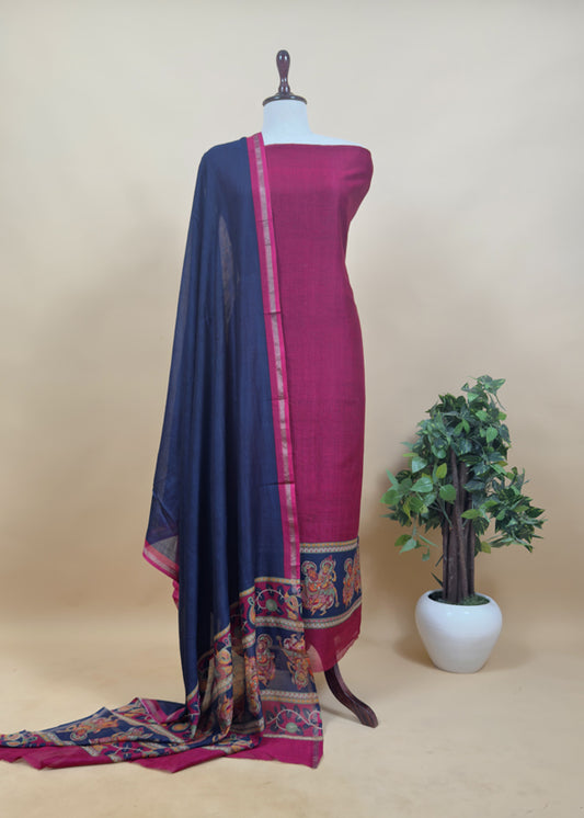 Burgundy Wine Pure Maheshwari Silk Natraj Kalamkari Unstitched Suit Fabric