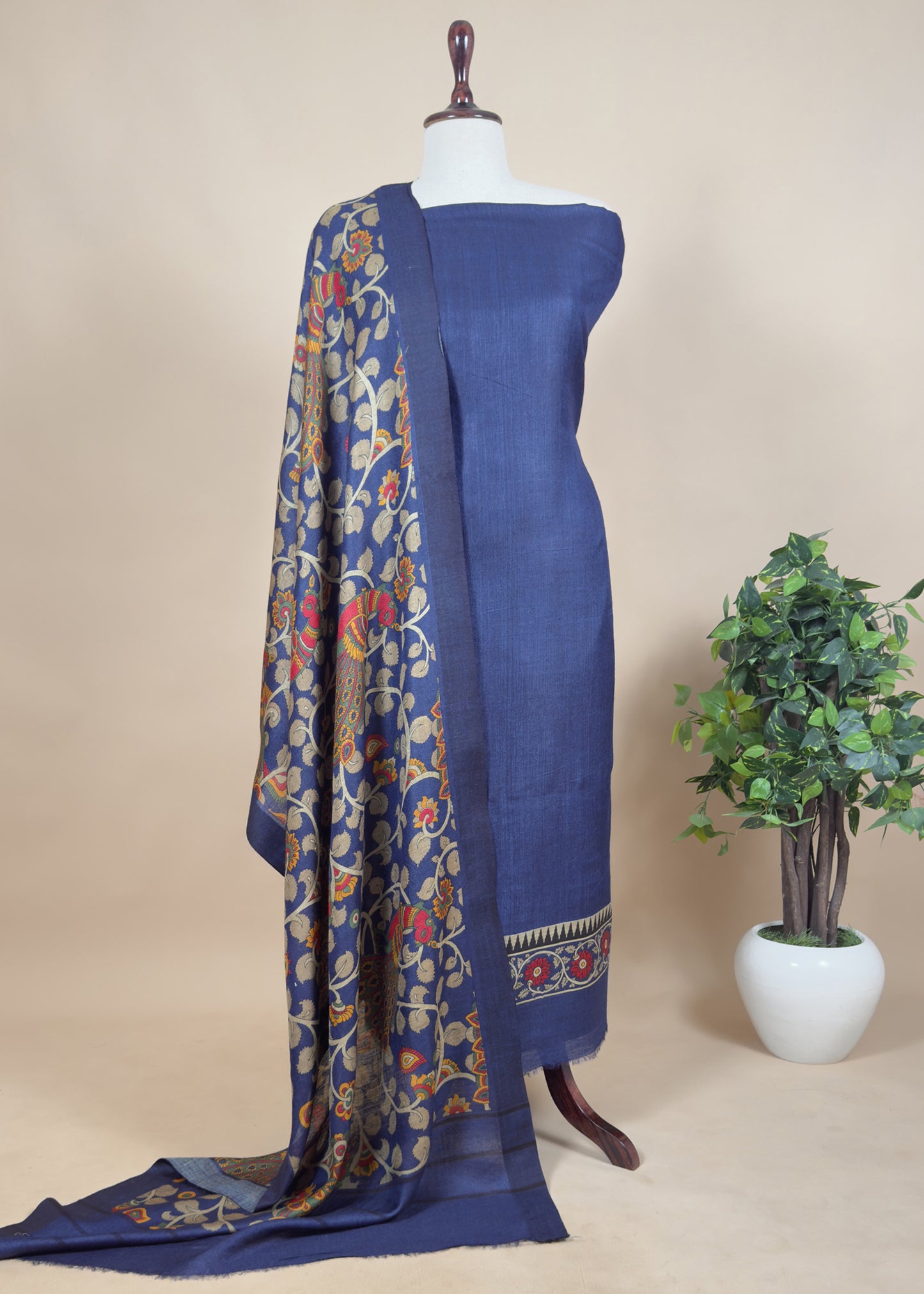 Blue Pure Pashmina Unstitched Suits With Kalamkari Dupatta