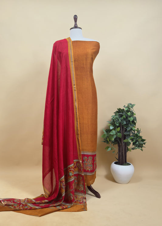 Maize Yellow Pure Maheshwari Silk Natraj Kalamkari Unstitched Suit Fabric