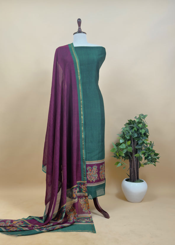 Pine Green Pure Maheshwari Silk Natraj Kalamkari Unstitched Suit Fabric