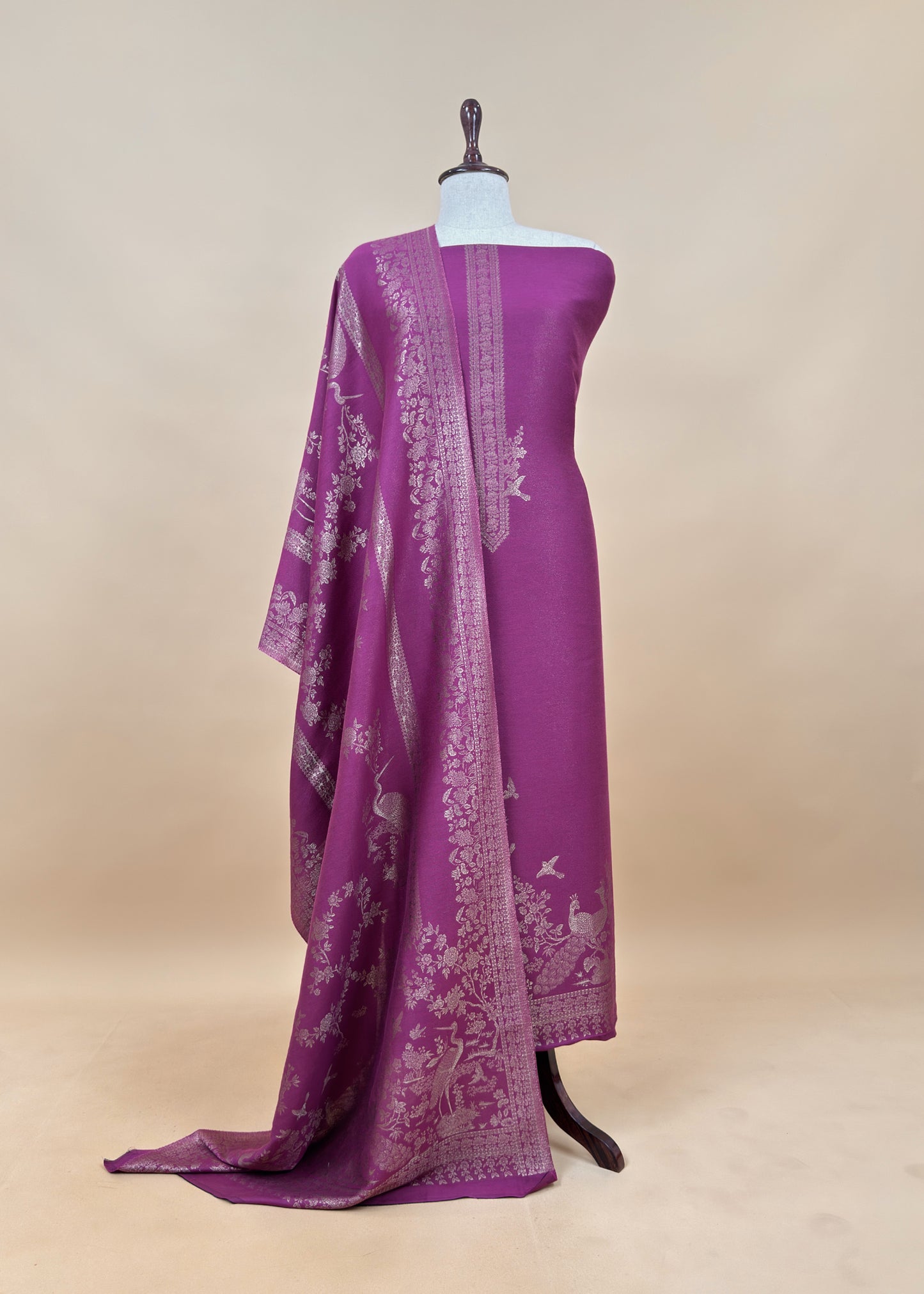 Beige Woolen Unstitched Suit With Kani Weaving