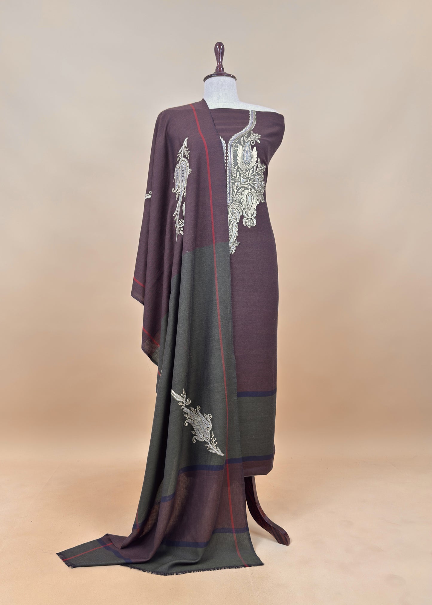 Turquoise Merino Wool Unstitched Suit in Aari Embroidery