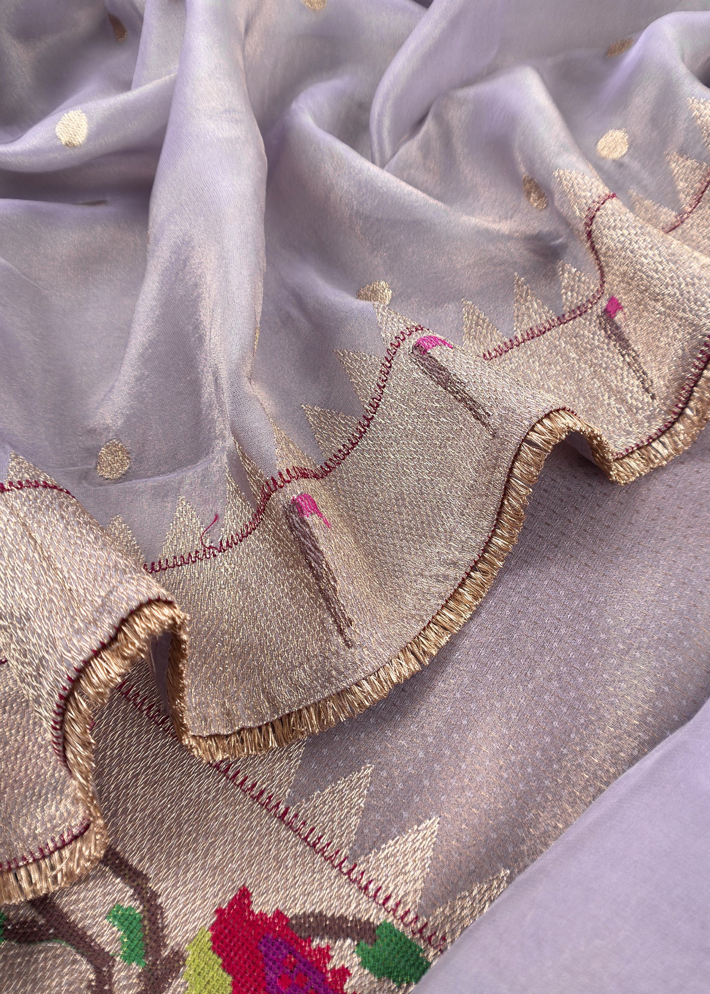 Luxe la Handloom Self Tissue Silk Suit Fabric With Paithani Weaving And Jhalar Gota Laces