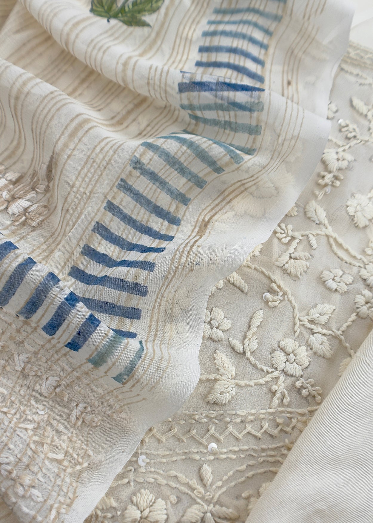 White With Blue Handloom Georgette Suit With Thread Embroidery
