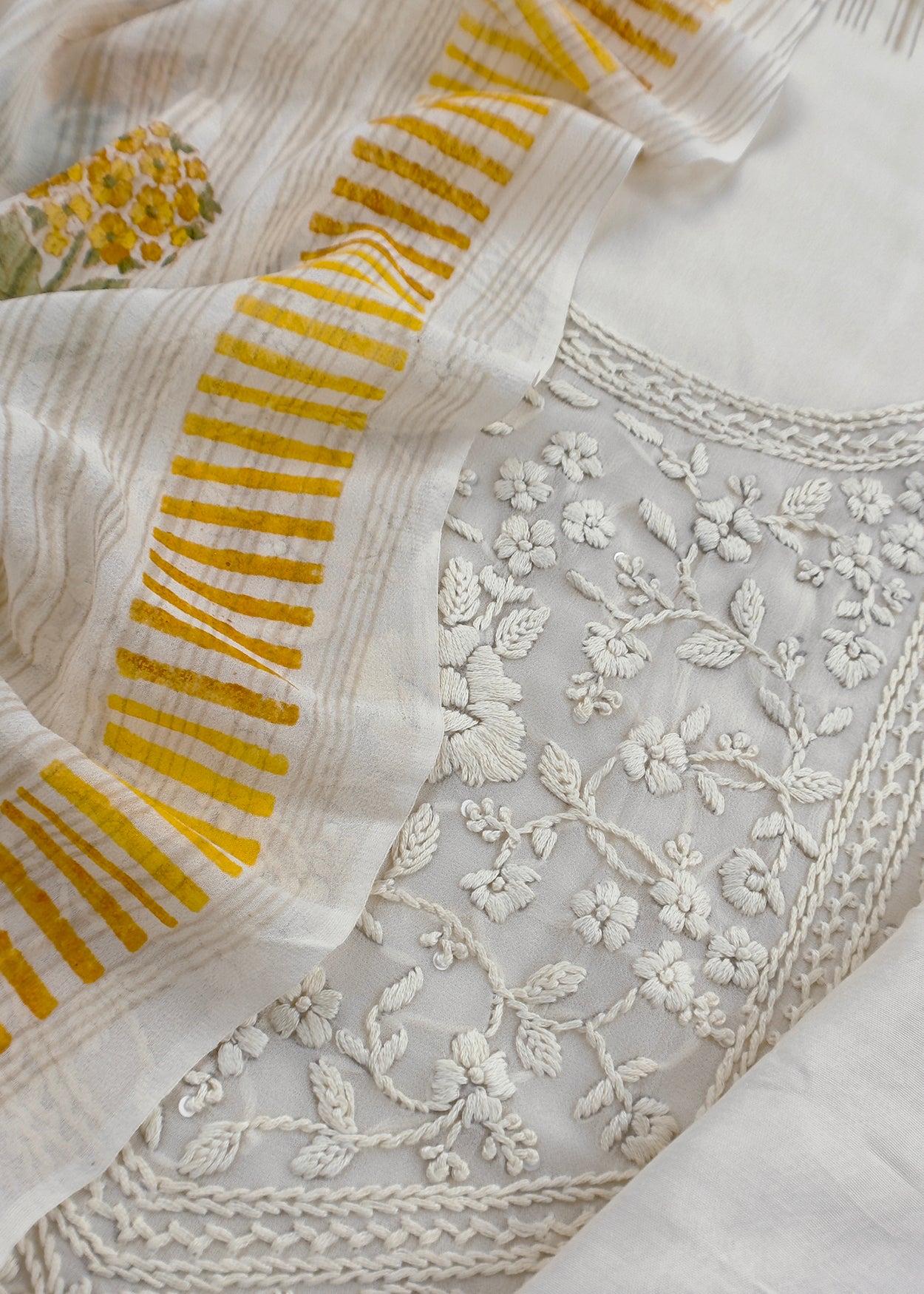 White With Yellow Handloom Georgette Suit With Thread Embroidery