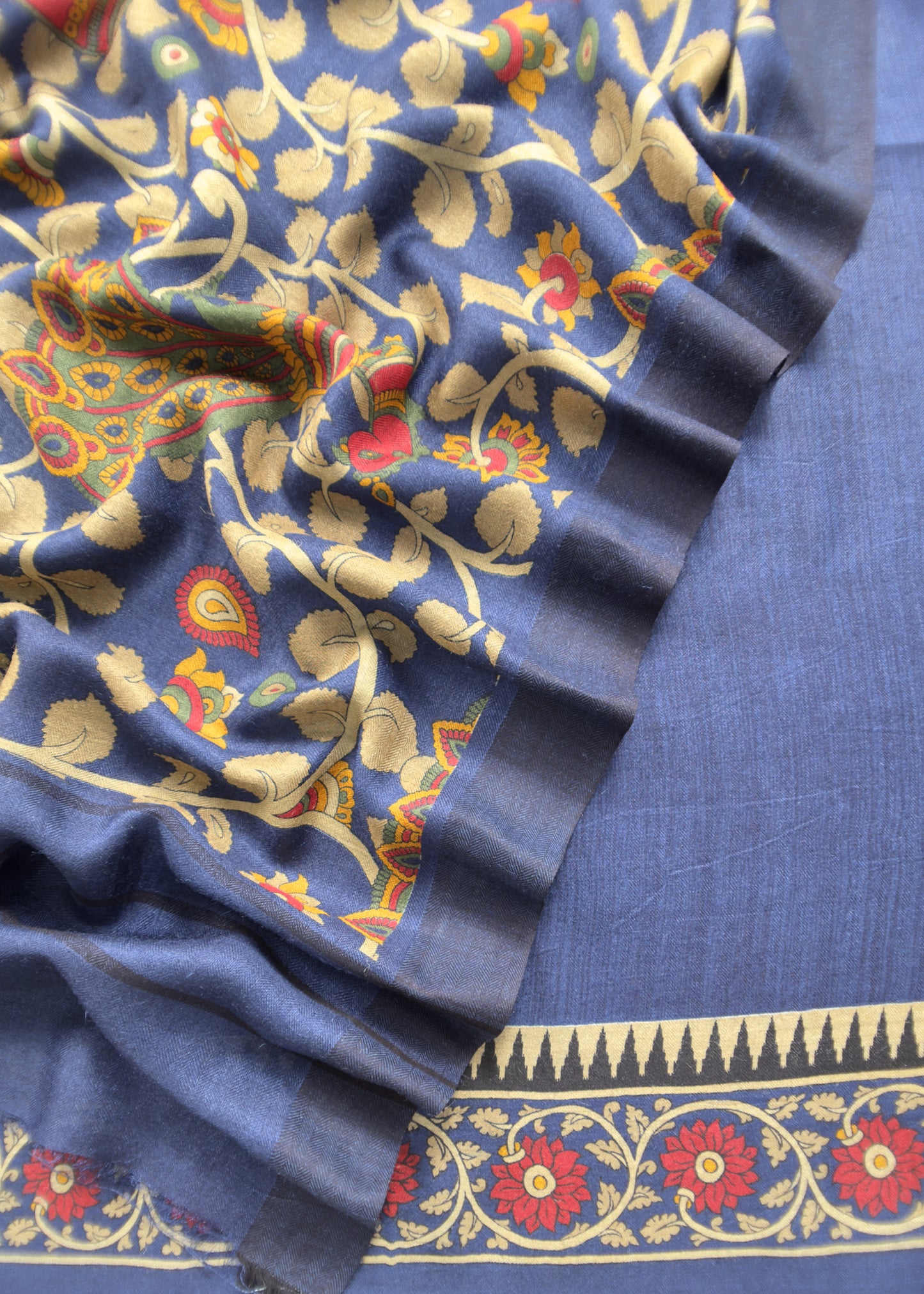 Blue Pure Pashmina Unstitched Suits With Kalamkari Dupatta