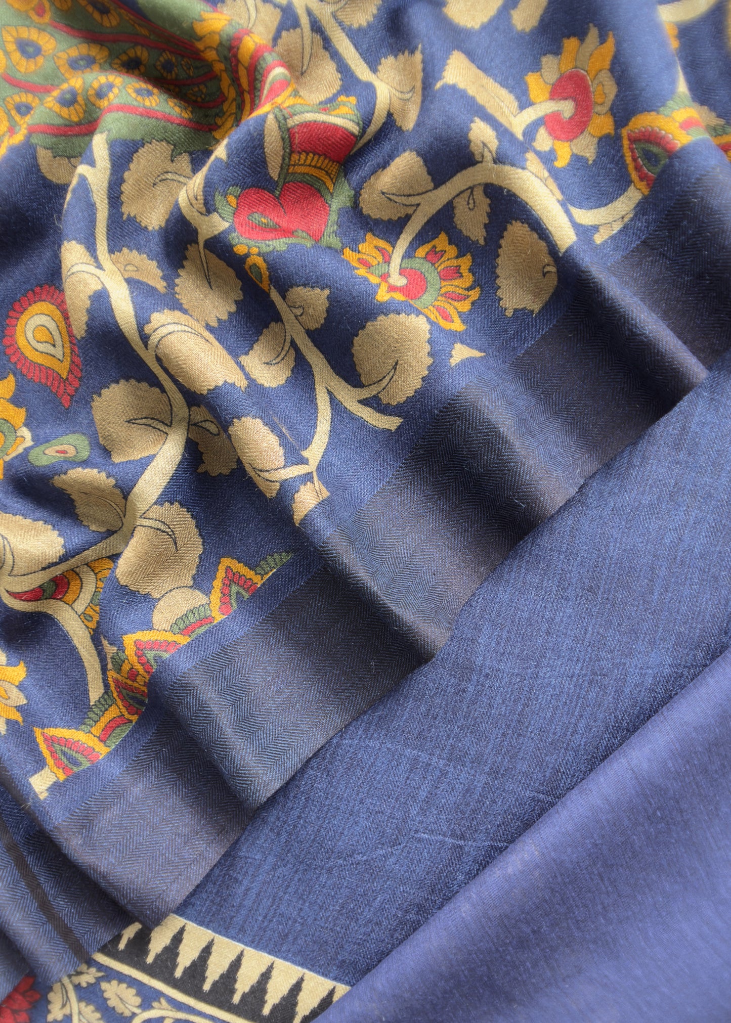 Blue Pure Pashmina Unstitched Suits With Kalamkari Dupatta