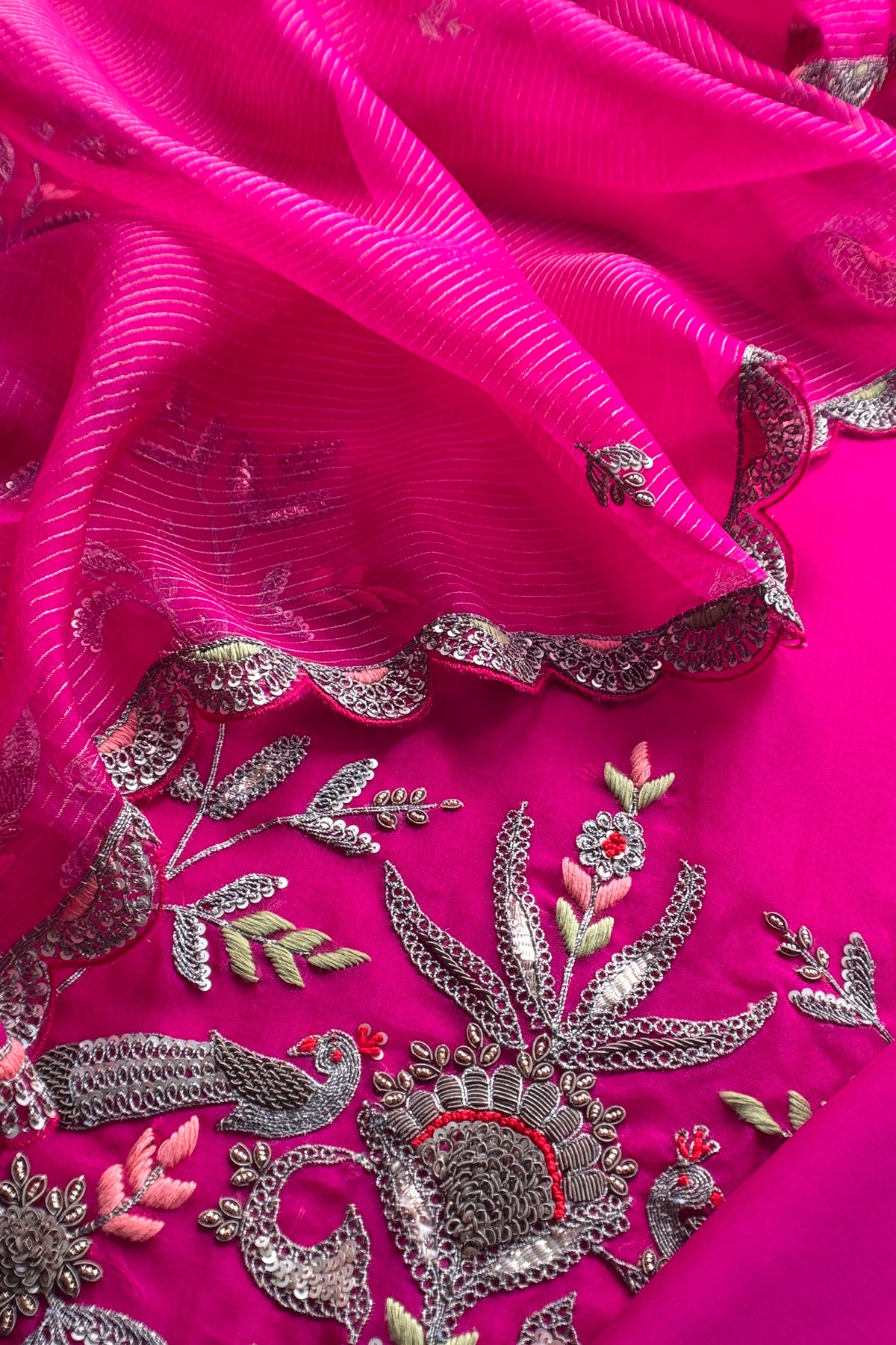 Pink Handloom Kora Silk Suit With Handwork Embroidery