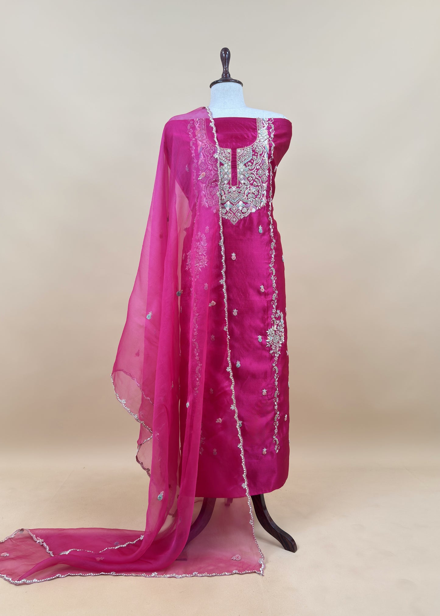 Bottle Green Handloom Silk Suit With Zardosi Embroidery