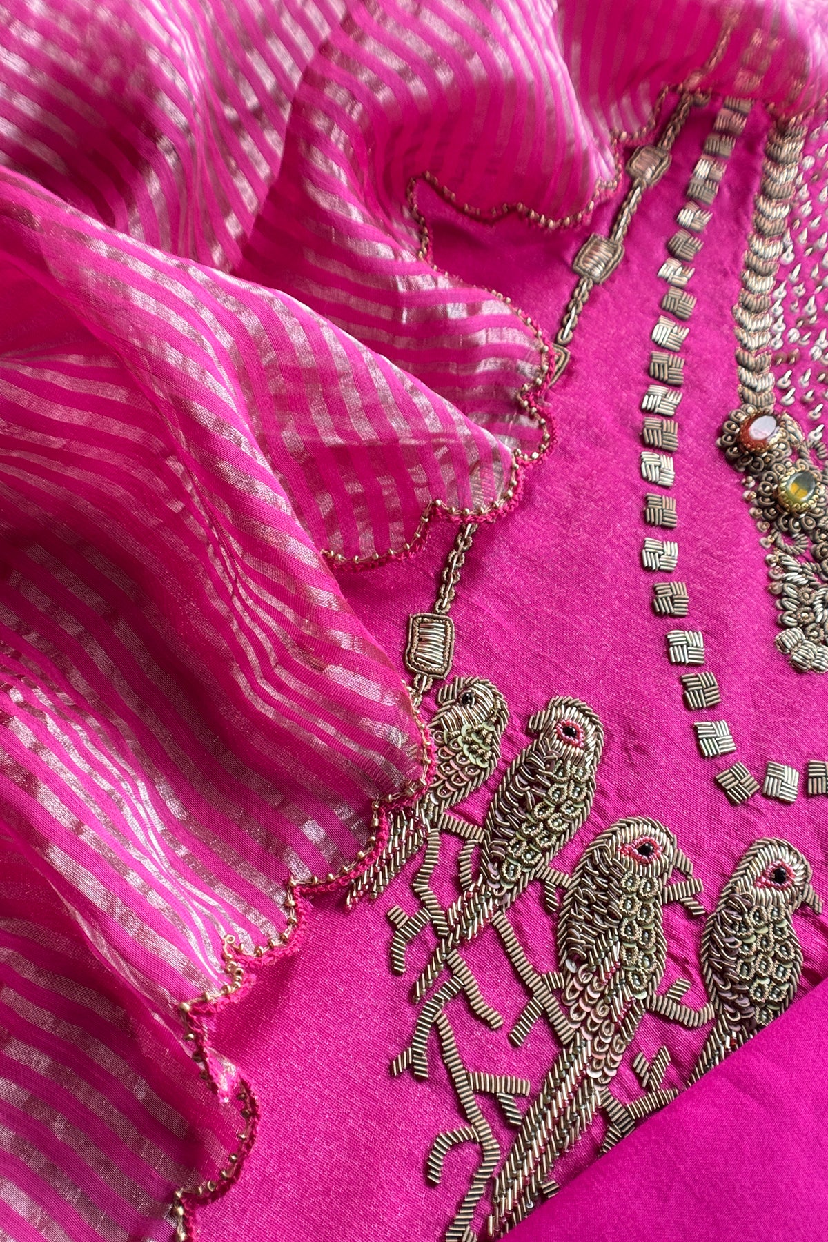 Pink Tissue Silk Unstitched Suit With Zardosi And Jadau Navratna Handwork