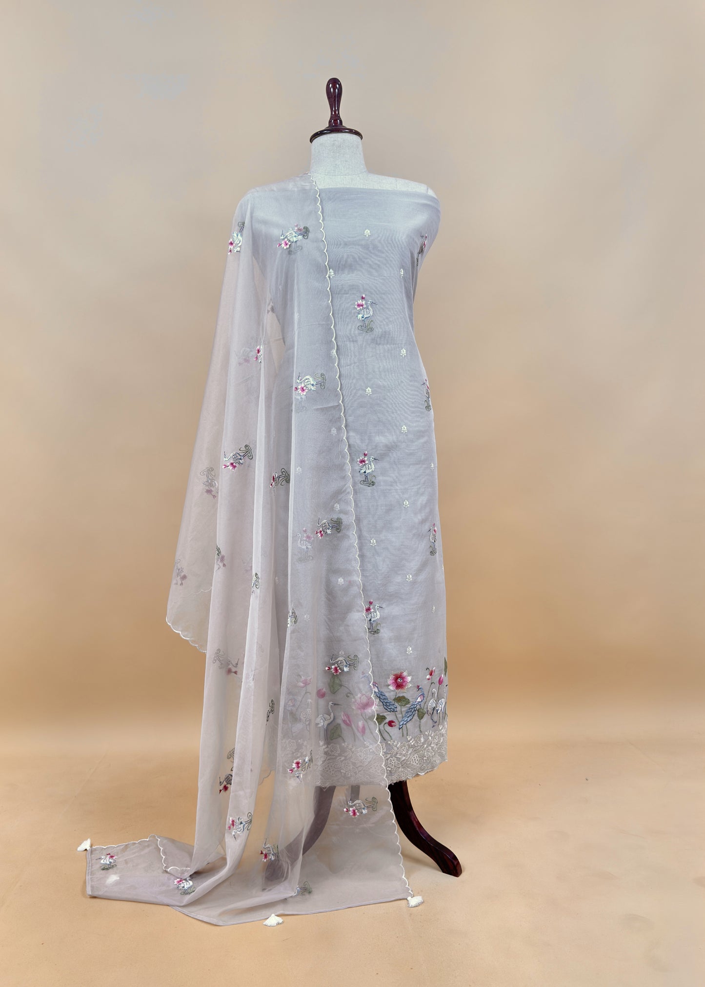 Pink Chanderi Kurta With Organza Dupatta Having Resham Flamingo Embroidery