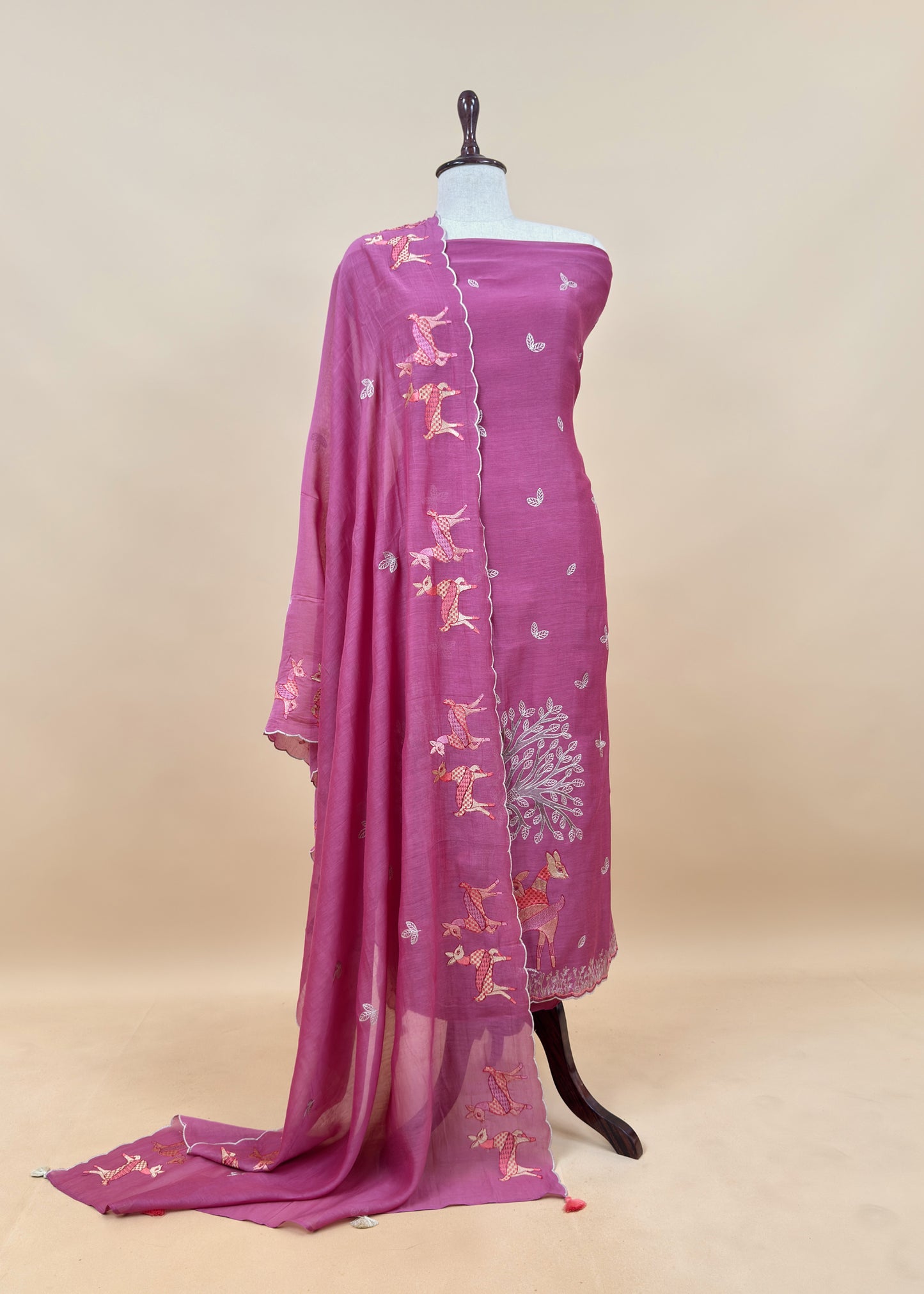 Pink Pure Mulmul Unstitched Fabric With Warli Art Appliqué Work