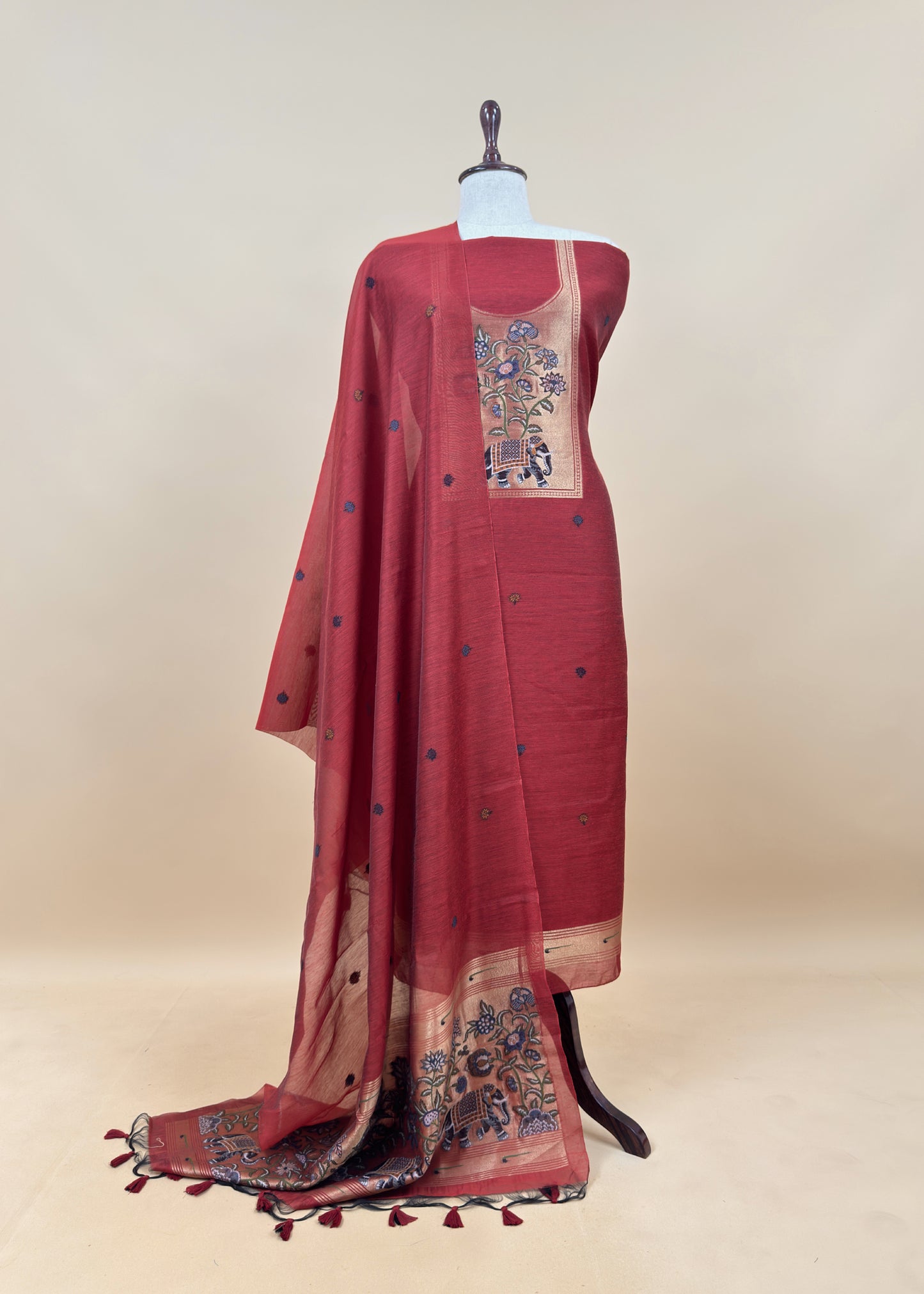 Green Jamdani Woven Unstitched Suit With Paithani Work