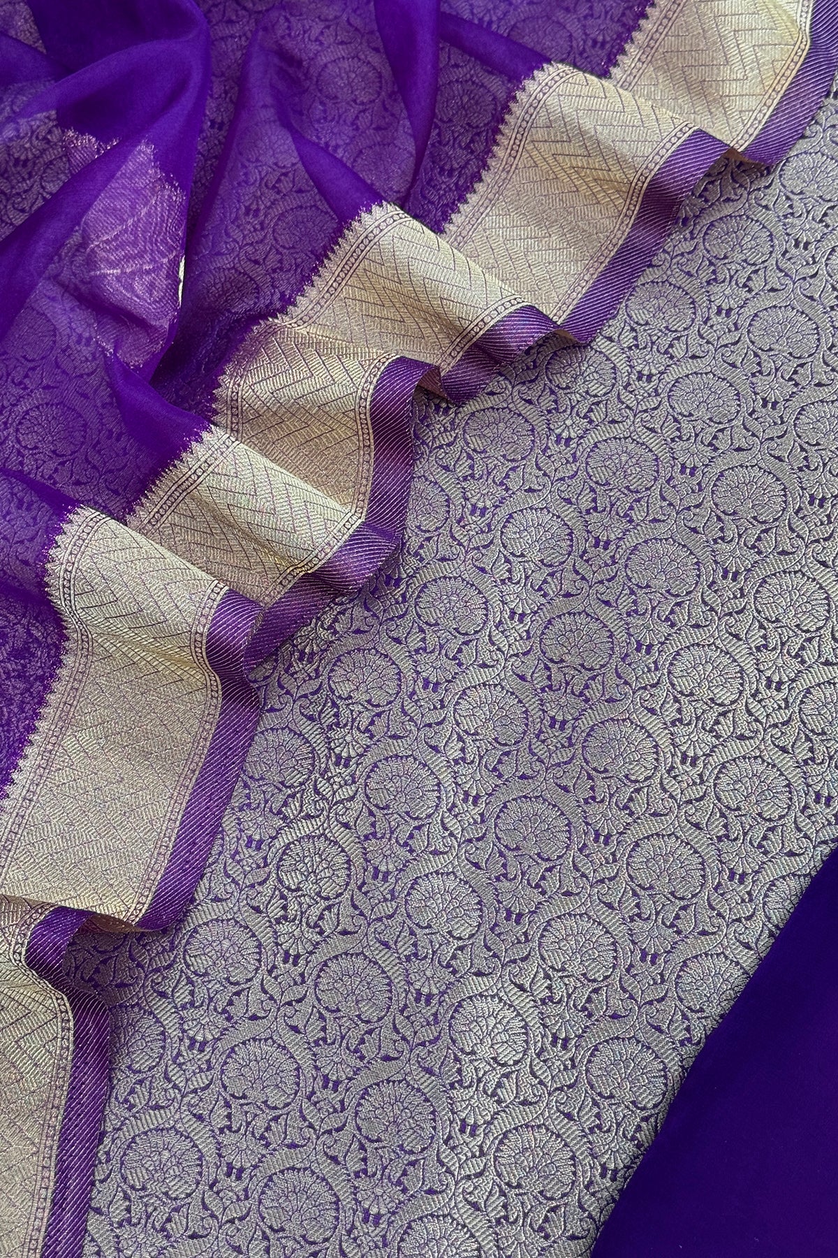 Purple Designer Pure Brocade Silk Kurta And Organza Dupatta