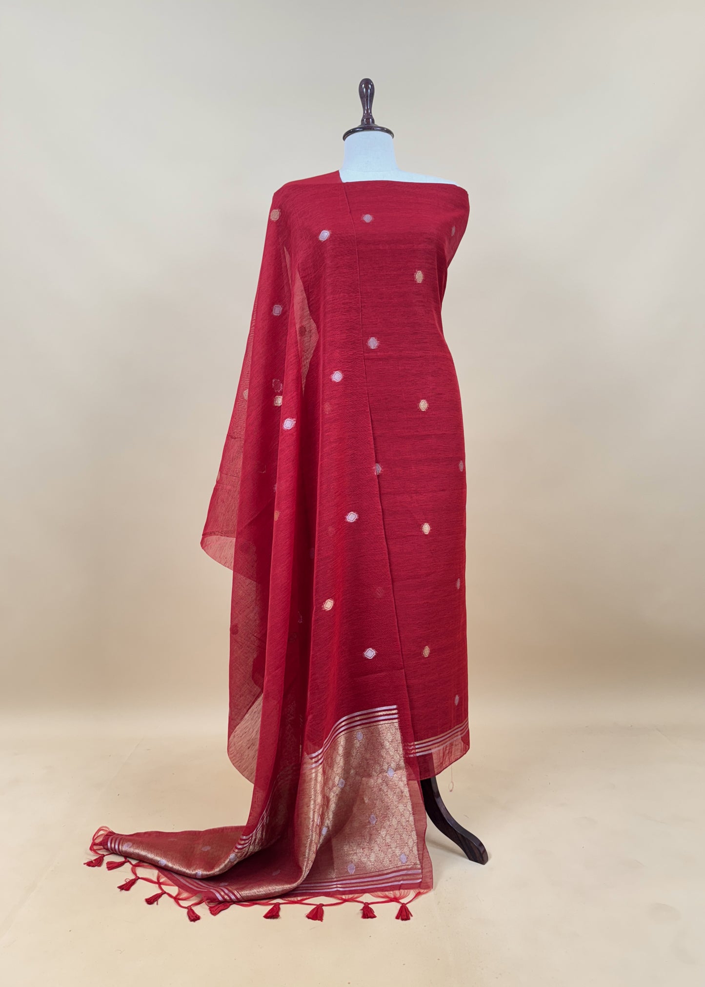 Derk Blue Chanderi Unstitched Suit With Gold Zari Jamdani Weaving