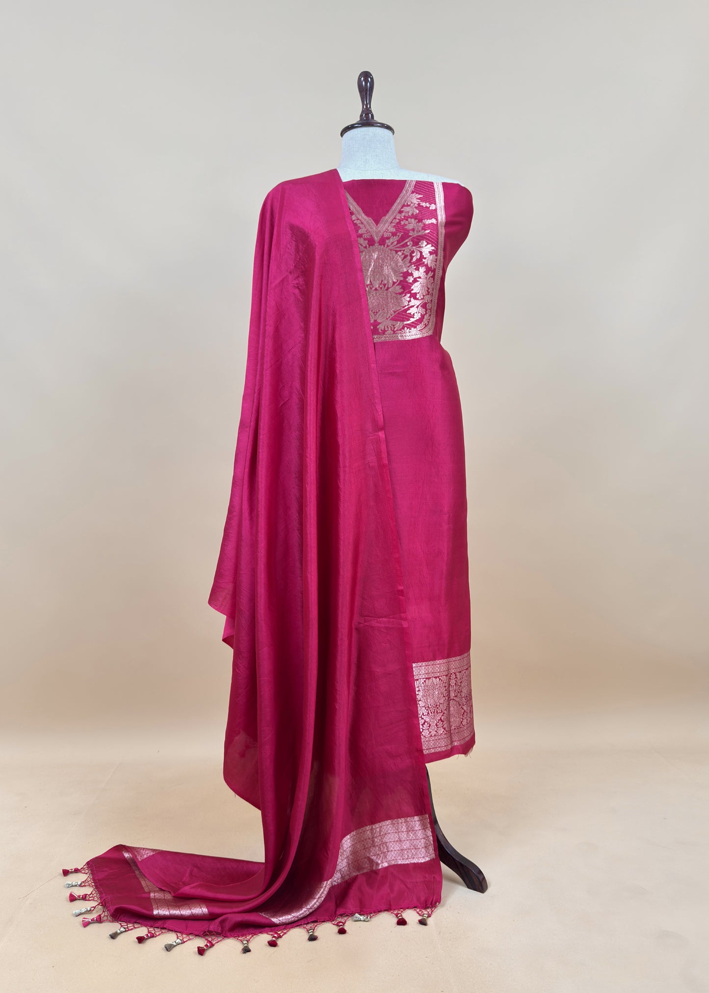 Yellow Handloom Katan Silk Suit Fabric With Peonies Kadwa Weaving