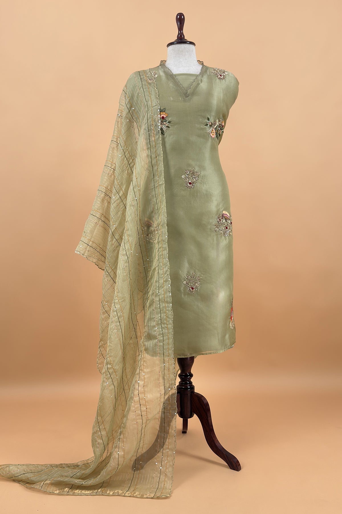 Pista Green Handloom Kora Silk Suit With Dabka Embroidery