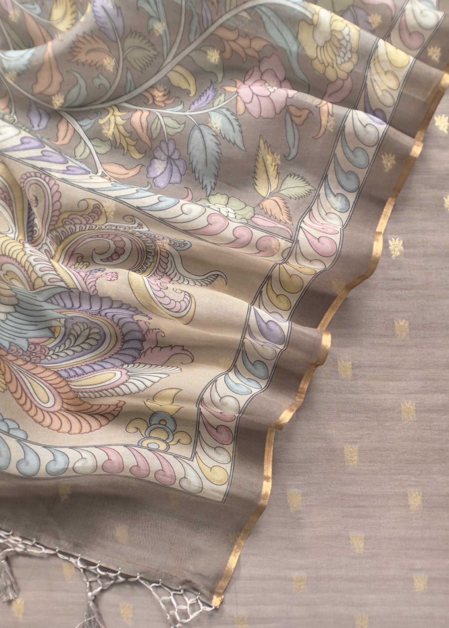 Chikoo Grey Handloom Banarasi Suit Set With Kalamkari Organza Dupatta