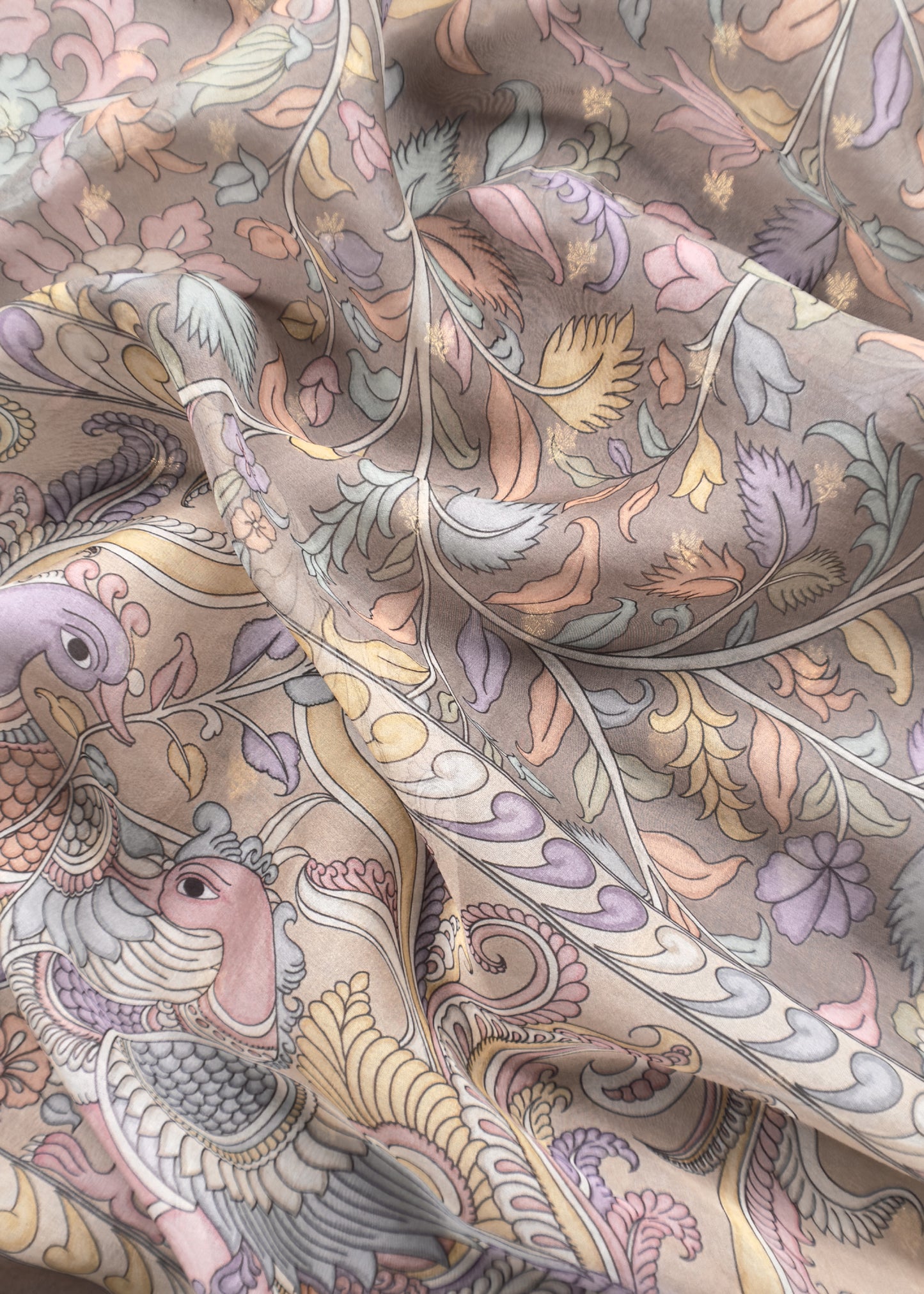 Chikoo Grey Handloom Banarasi Suit Set With Kalamkari Organza Dupatta
