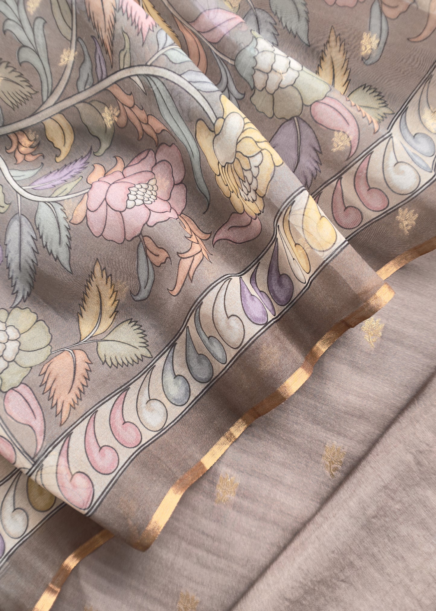 Chikoo Grey Handloom Banarasi Suit Set With Kalamkari Organza Dupatta