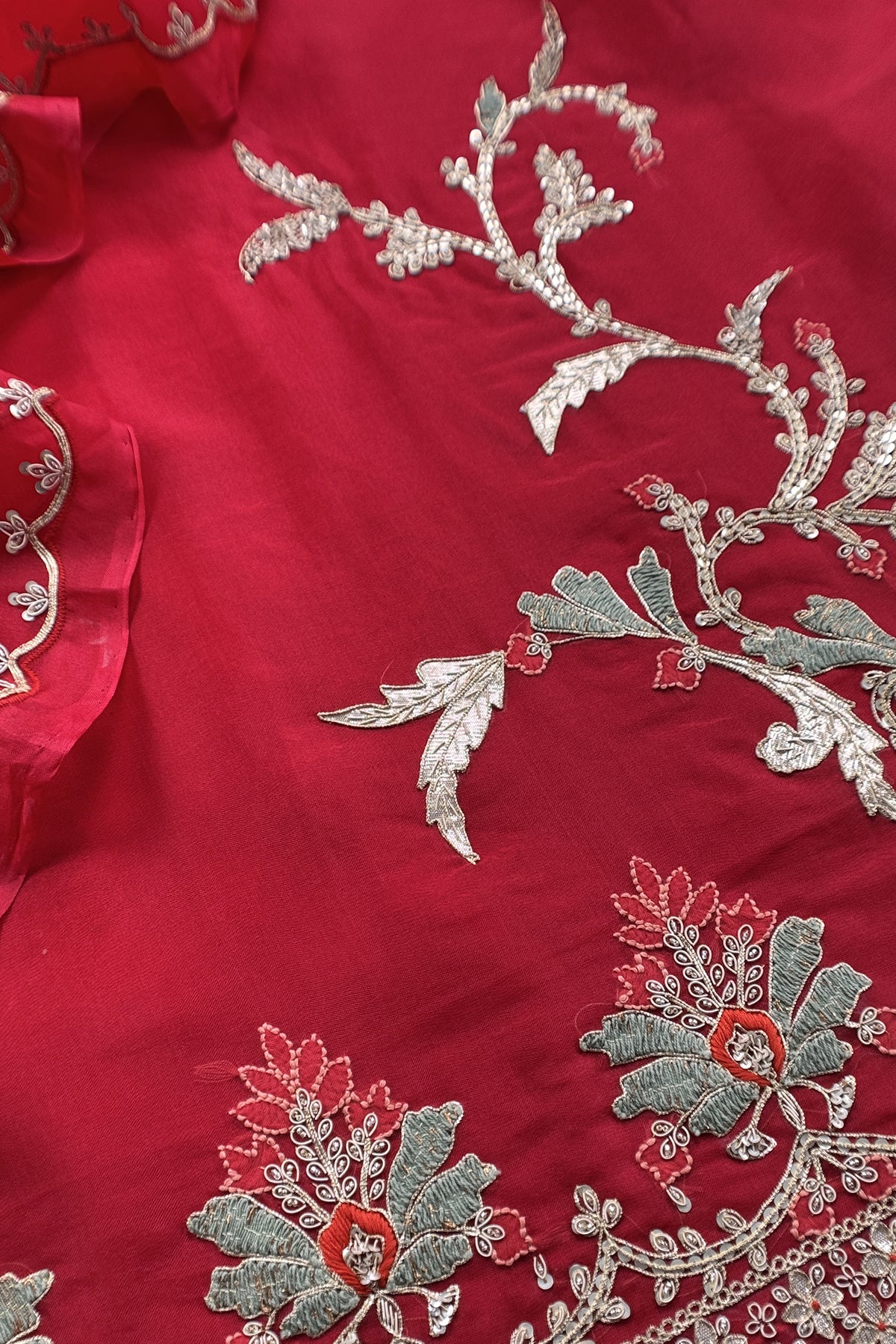 Red Handloom Kora silk Unstitched Suit With Dori, Dabka, Resham and Gota Patti Hand Work