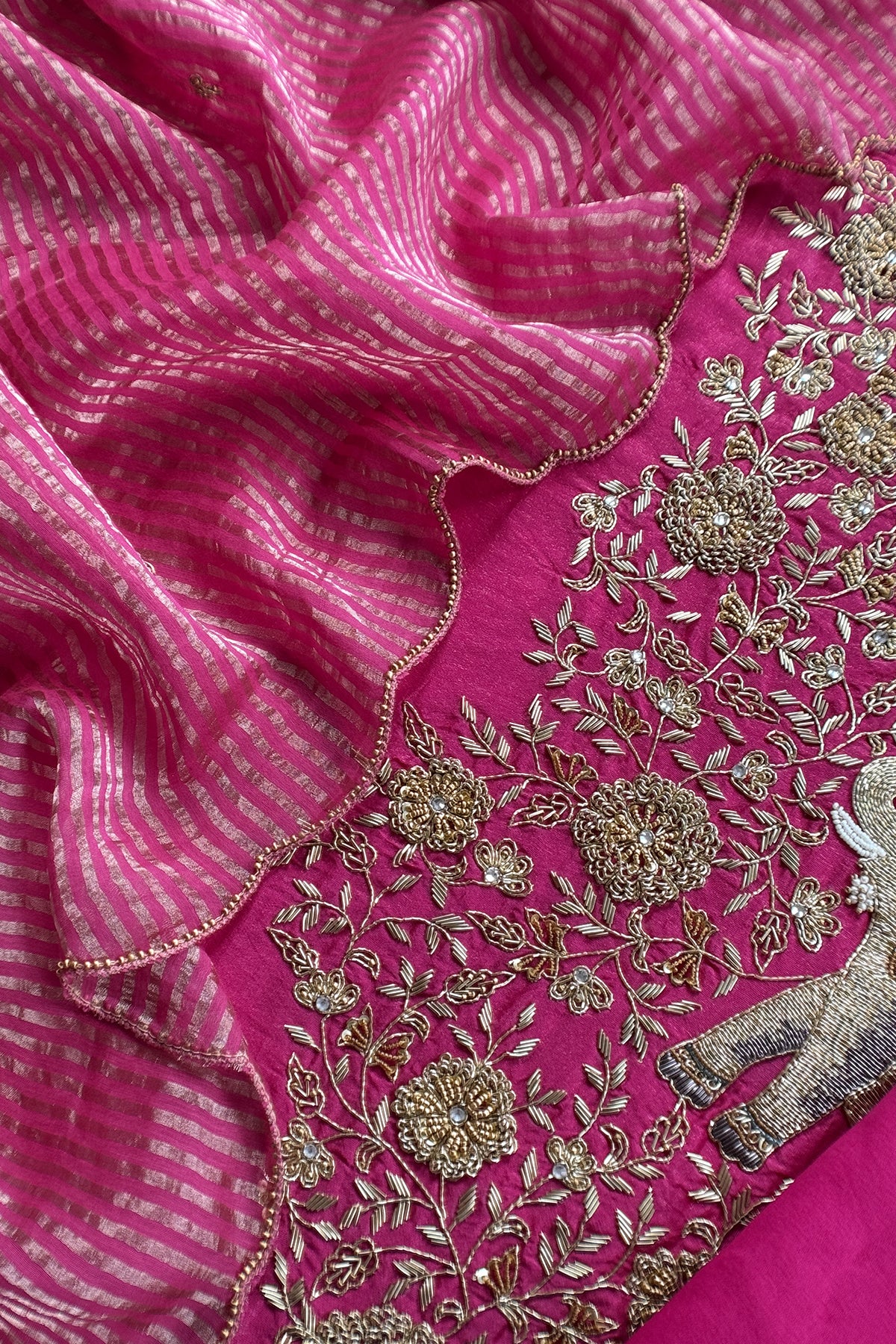 Rani Pink Pure Silk Suit With Tissue Silk Dupatta