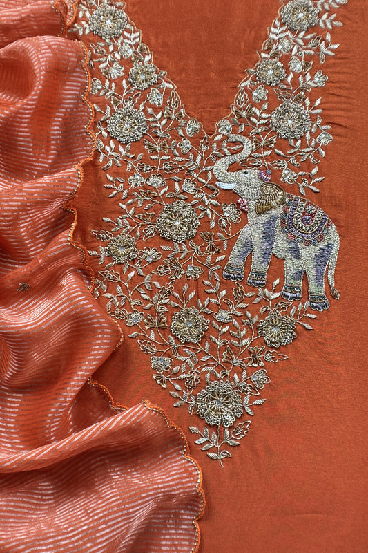 Rust Orange Pure Silk Suit With Tissue Silk Dupatta