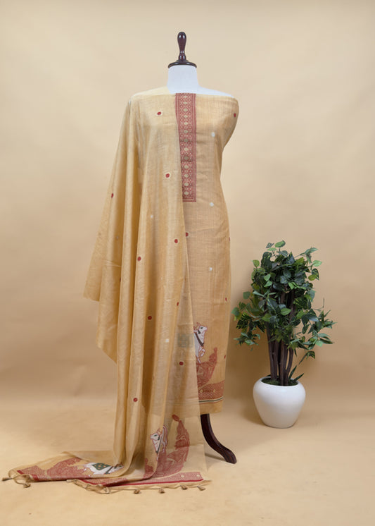Mustard  Linen Chanderi Unstitched Suit With Pichwai Jamdani Weaving
