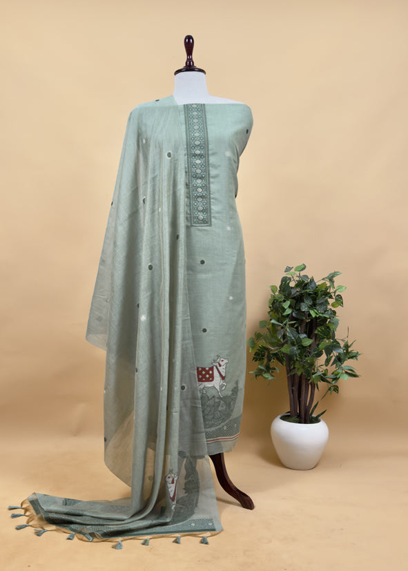 linen chanderi suit with jamdani weaving