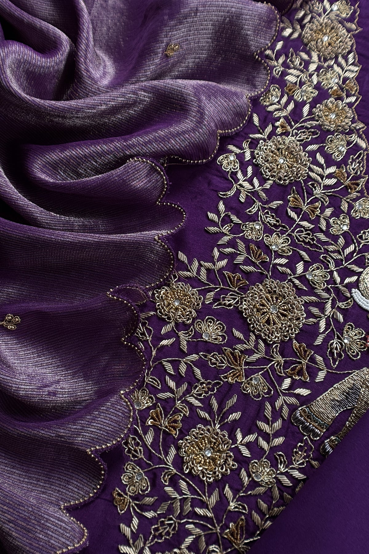 Violet Pure Silk Suit With Tissue Silk Dupatta