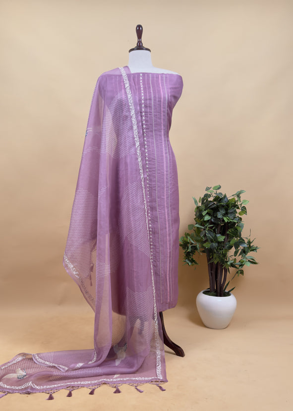 Handloom Organza Suit With Bandhani Print And Parsi Embroidery