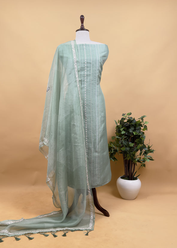 Handloom Organza Suit With Bandhani Print And Parsi Embroidery